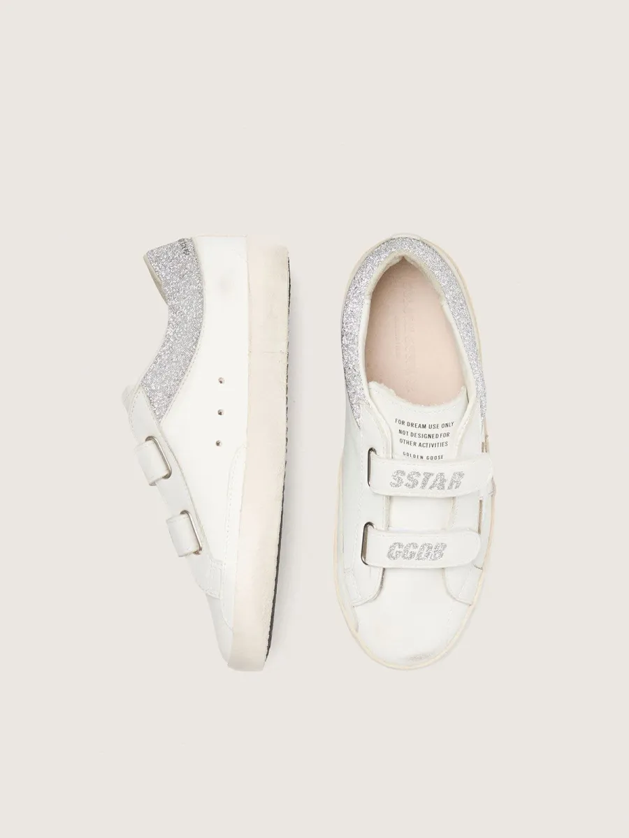 Old School junior in pelle bianca con stella in pelle laminata argento e inserti con cristalli argento