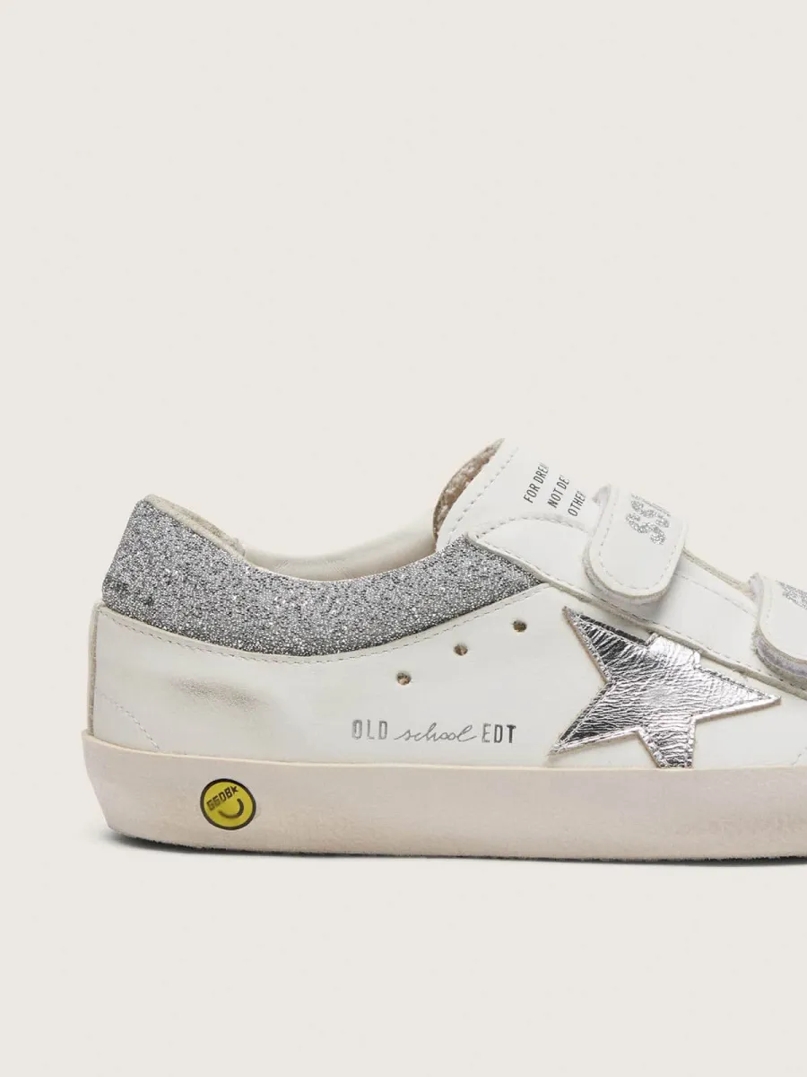 Old School junior in pelle bianca con stella in pelle laminata argento e inserti con cristalli argento