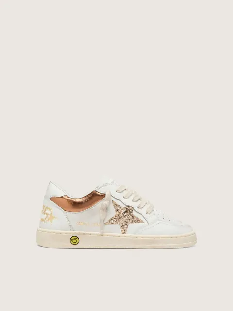 Ball Star junior in pelle bianca con stella glitter oro e inserti in pelle laminata arancione