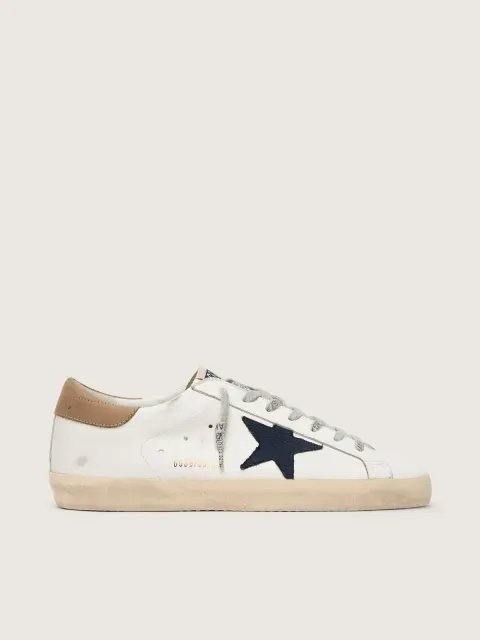 Super-Star Uomo in pelle bianca con stella in canvas blu notte e talloncino in pelle color tabacco