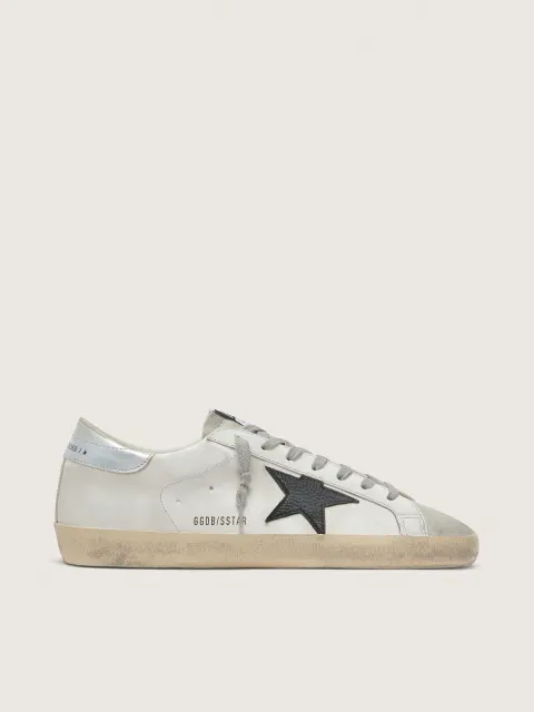 Super-Star Uomo in pelle bianca con stella in pelle nabuk nera e talloncino in pelle laminata argento