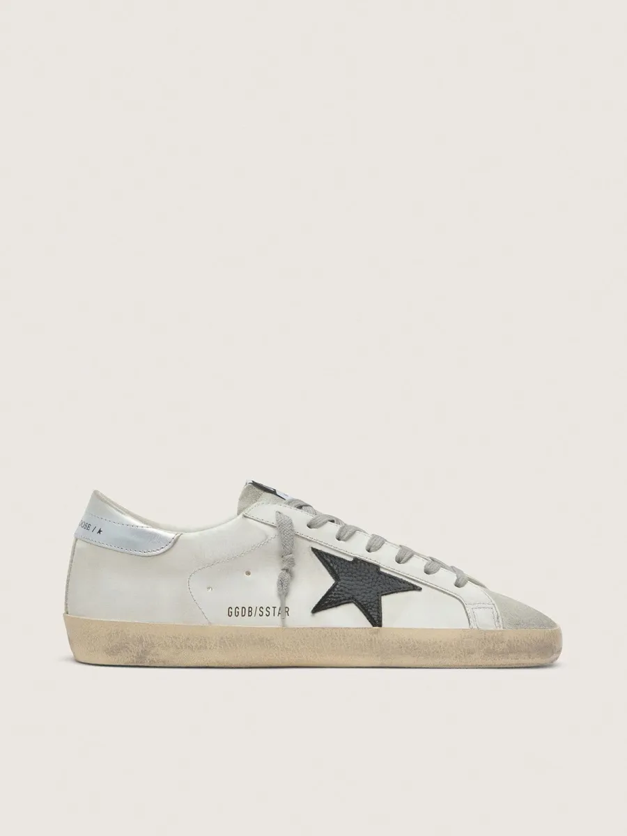 Super-Star Uomo in pelle bianca con stella in pelle nabuk nera e talloncino in pelle laminata argento