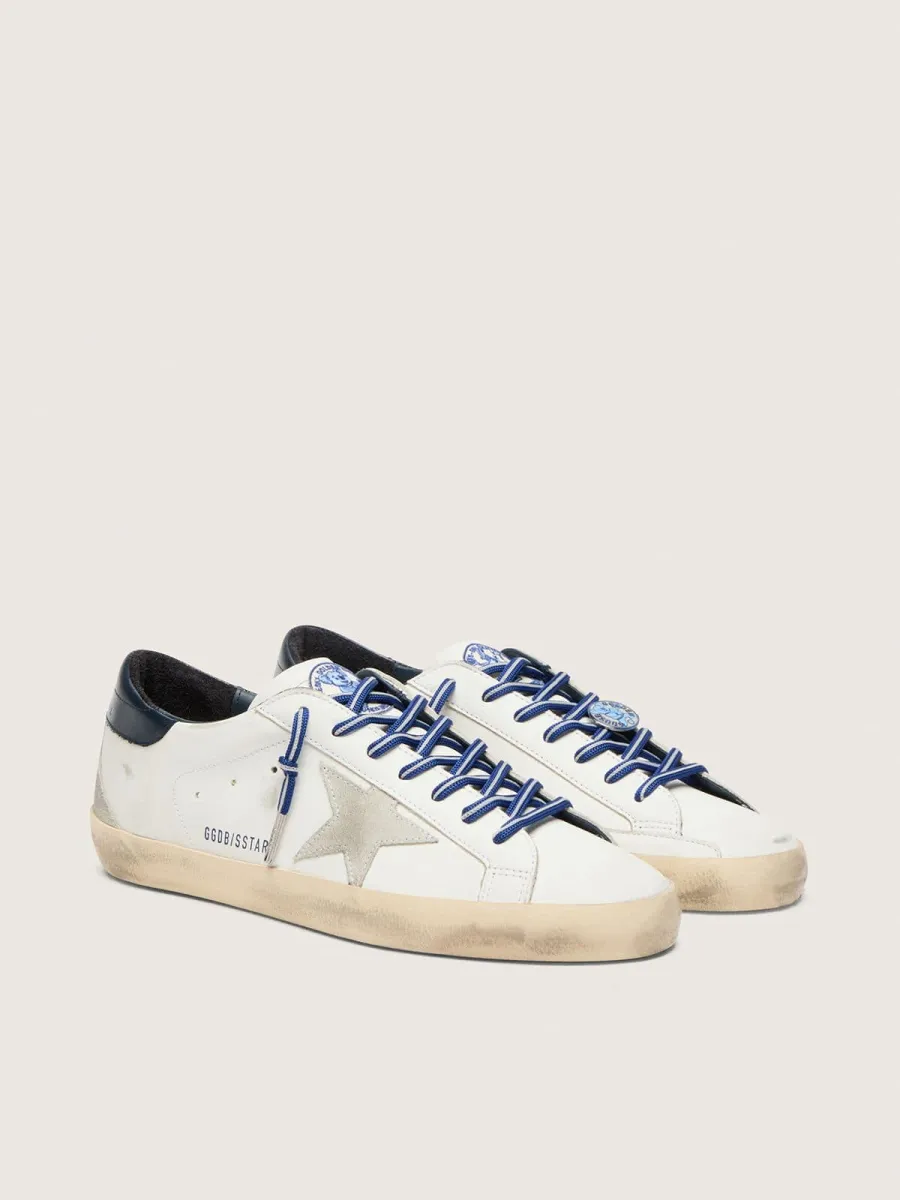 Super-Star Uomo LTD in pelle bianca con stella in suede e talloncino in pelle blu
