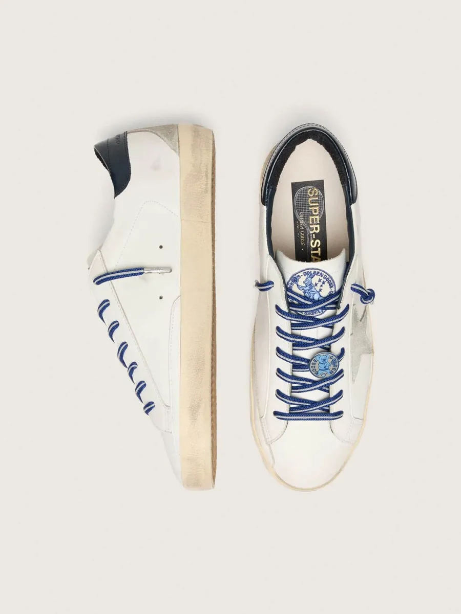 Super-Star Uomo LTD in pelle bianca con stella in suede e talloncino in pelle blu