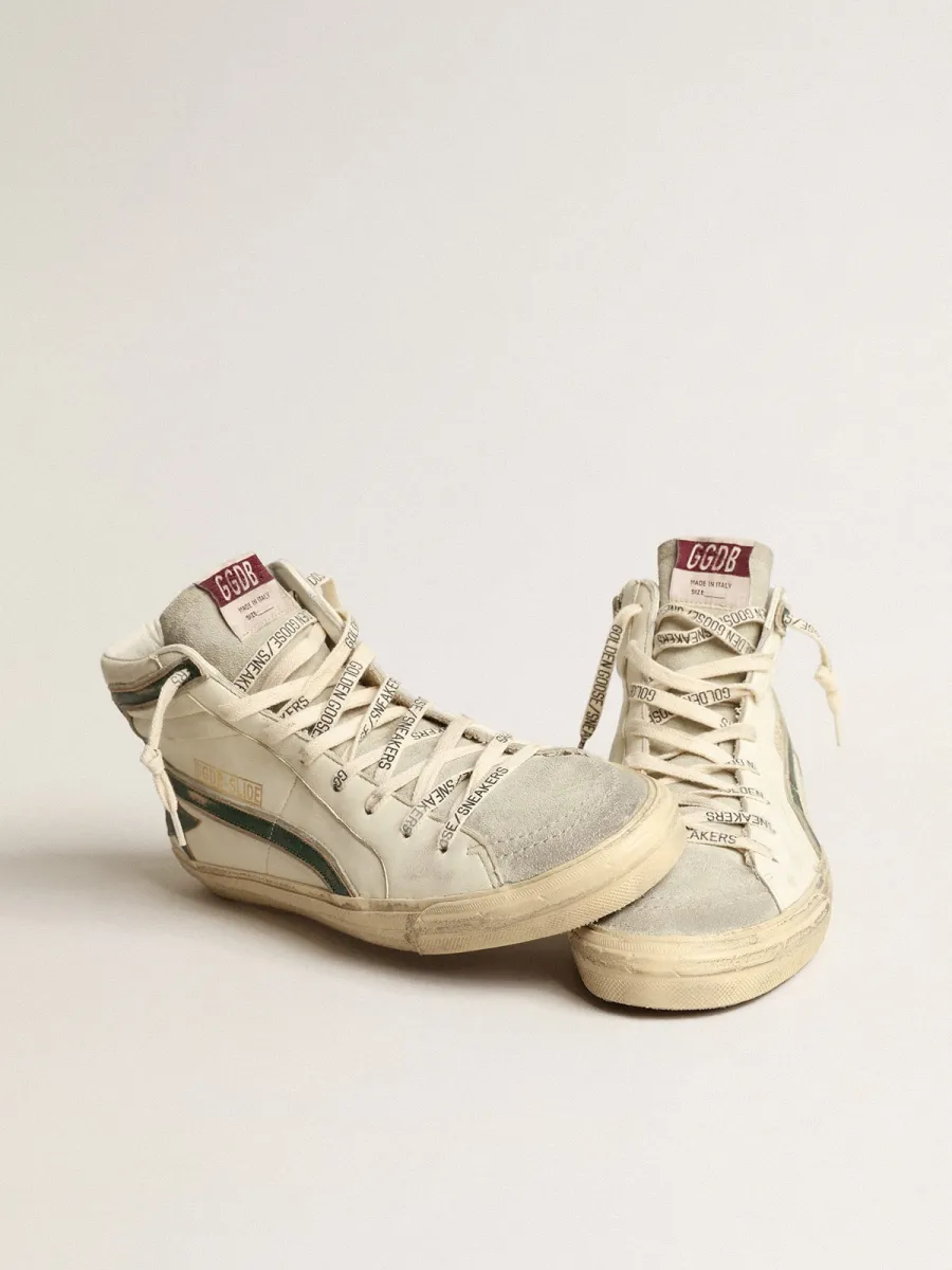 Slide in nappa beige con stella e virgola in pelle laminata verde