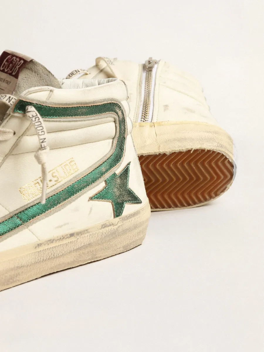 Slide in nappa beige con stella e virgola in pelle laminata verde