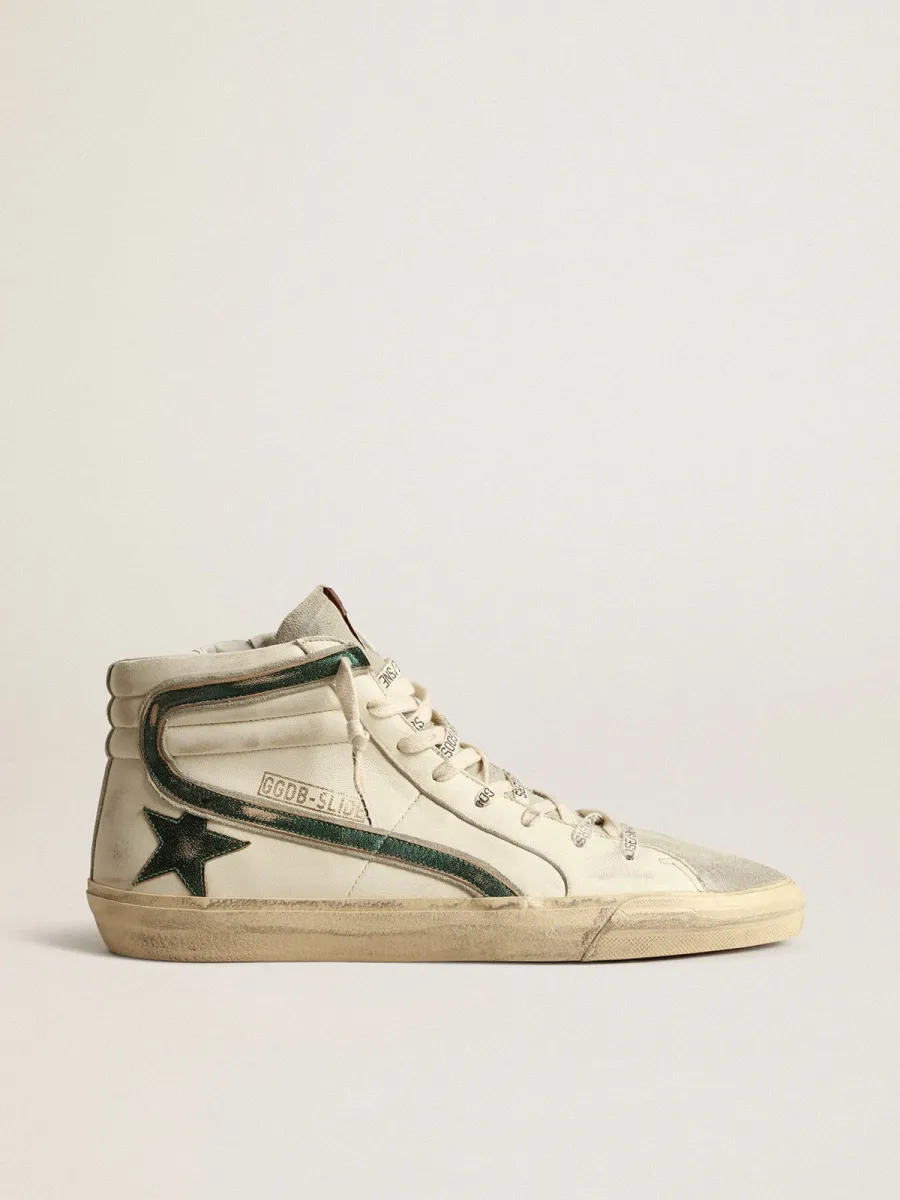 Slide in nappa beige con stella e virgola in pelle laminata verde