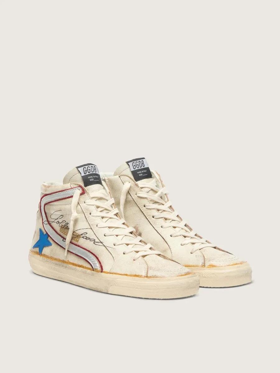 Slide Uomo con stella in pelle azzurra e virgola in pelle laminata argento