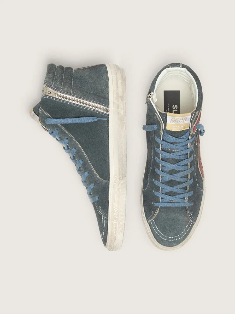 Slide Uomo in suede grigio con stella e virgola in nabuk marrone