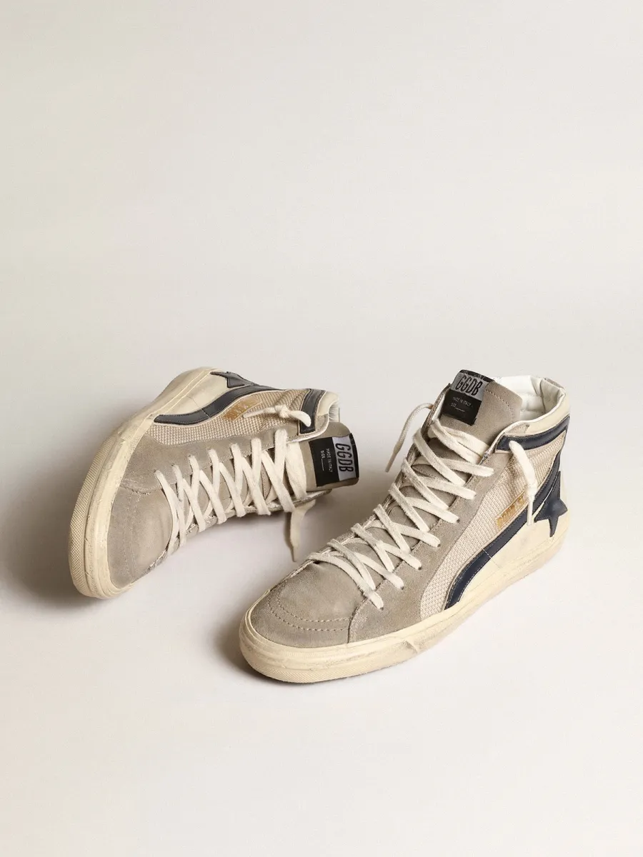 Slide in rete e nylon beige con stella e virgola in pelle blu