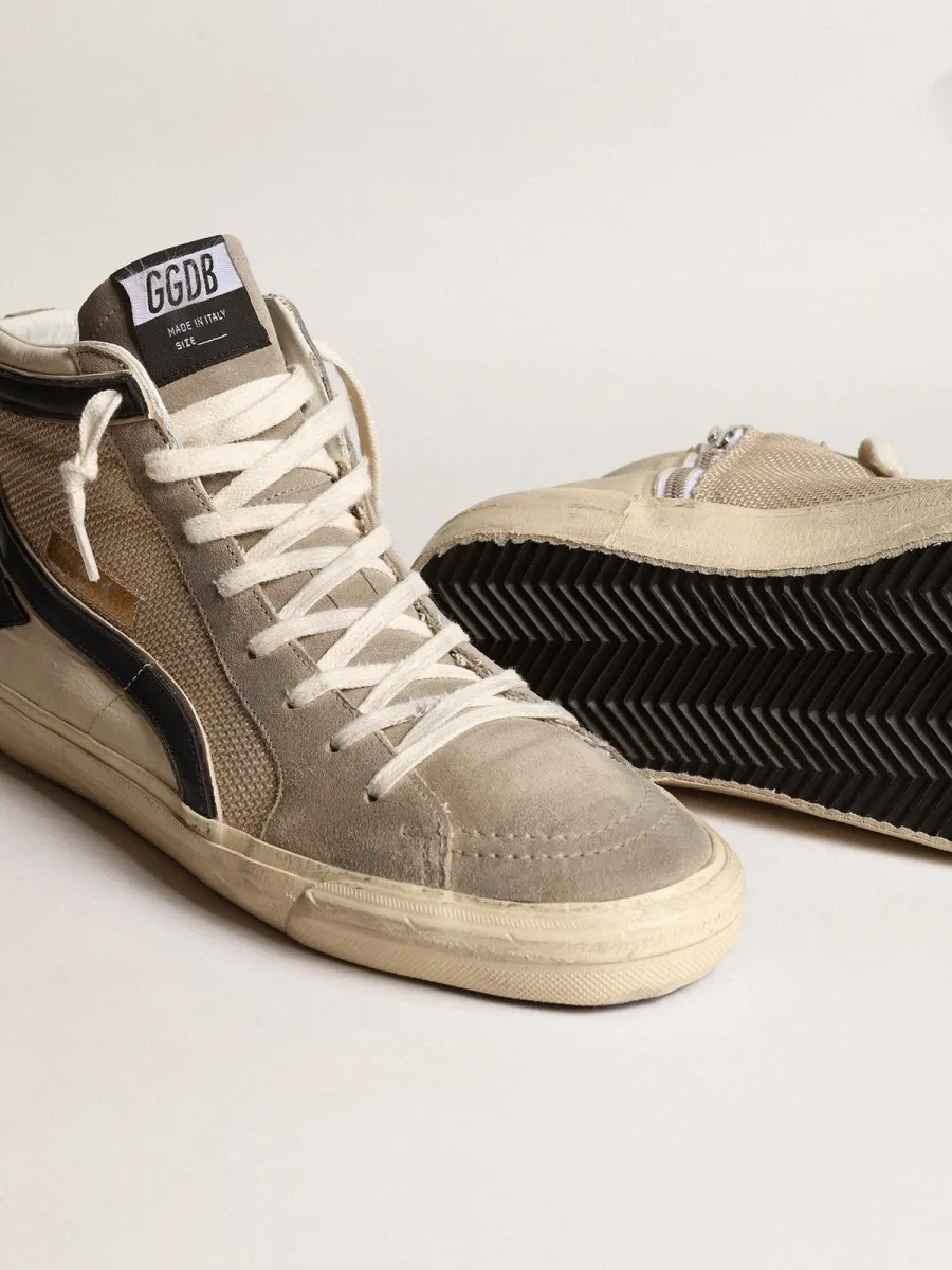 Slide in rete e nylon beige con stella e virgola in pelle blu