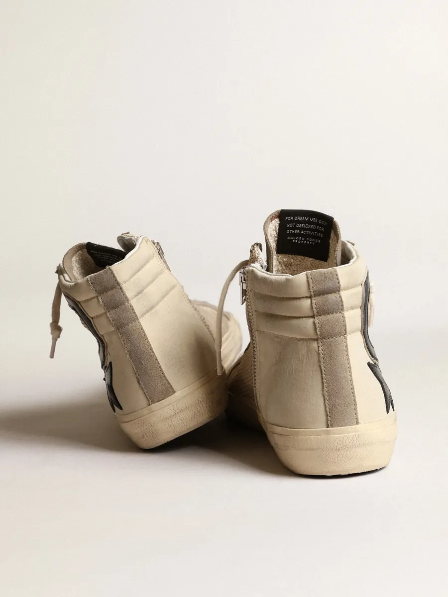 Slide in rete e nylon beige con stella e virgola in pelle blu