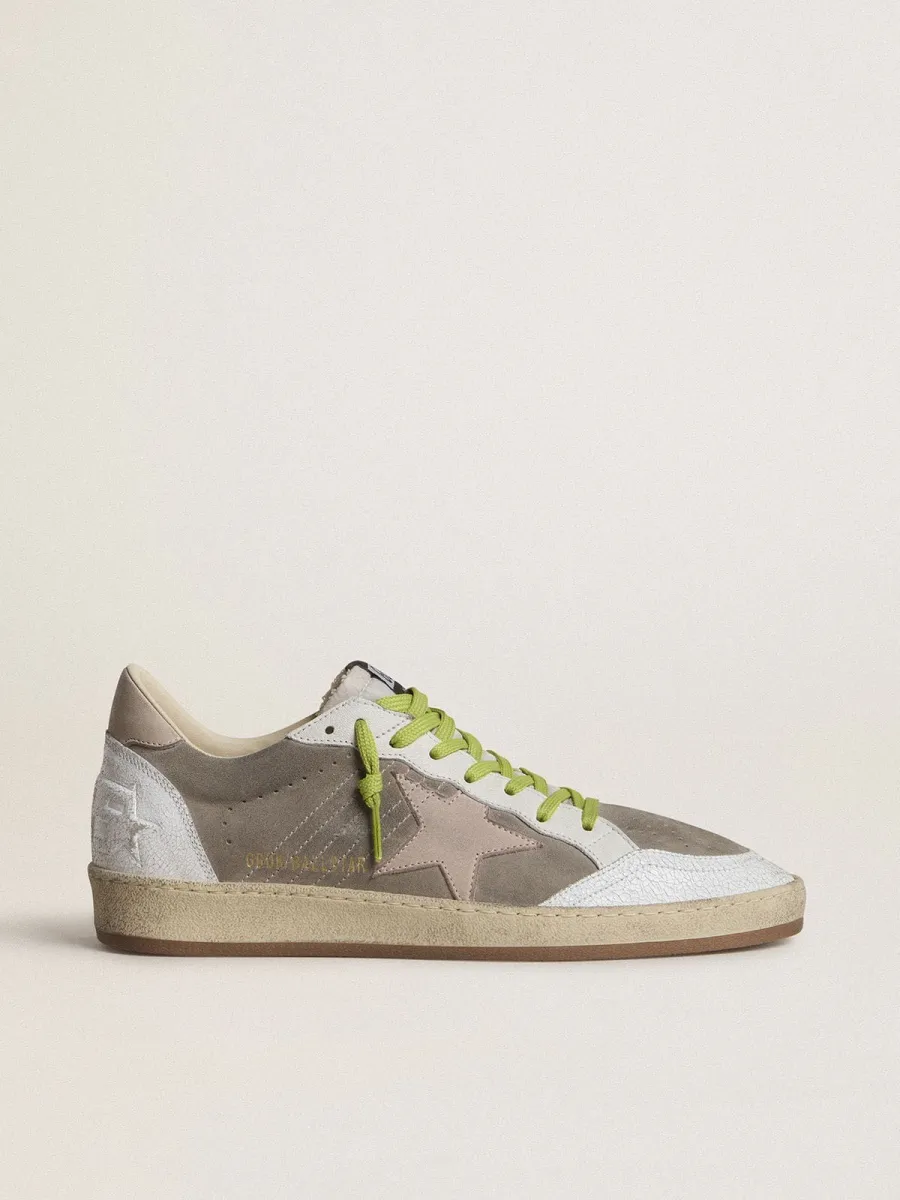 Ball Star Uomo in suede grigio con stella in suede rosa antico e talloncino in pelle beige