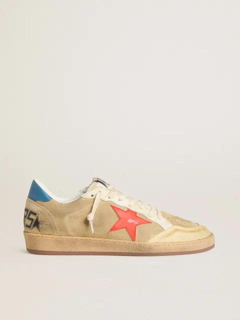 Ball Star Uomo in suede beige con stella in pelle corallo e talloncino in nappa blu