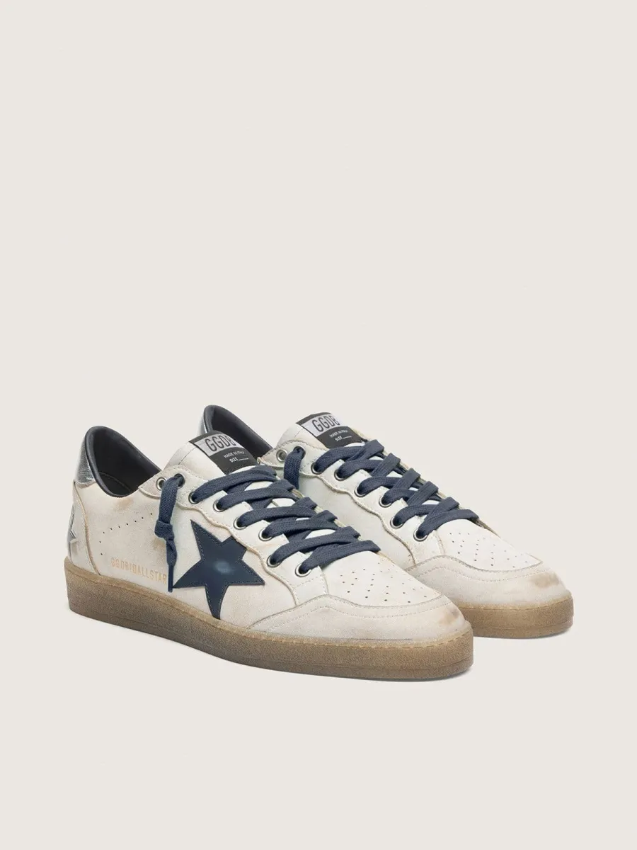 Ball Star uomo in pelle bianca con stella in pelle blu scuro e talloncino in pelle laminata argento
