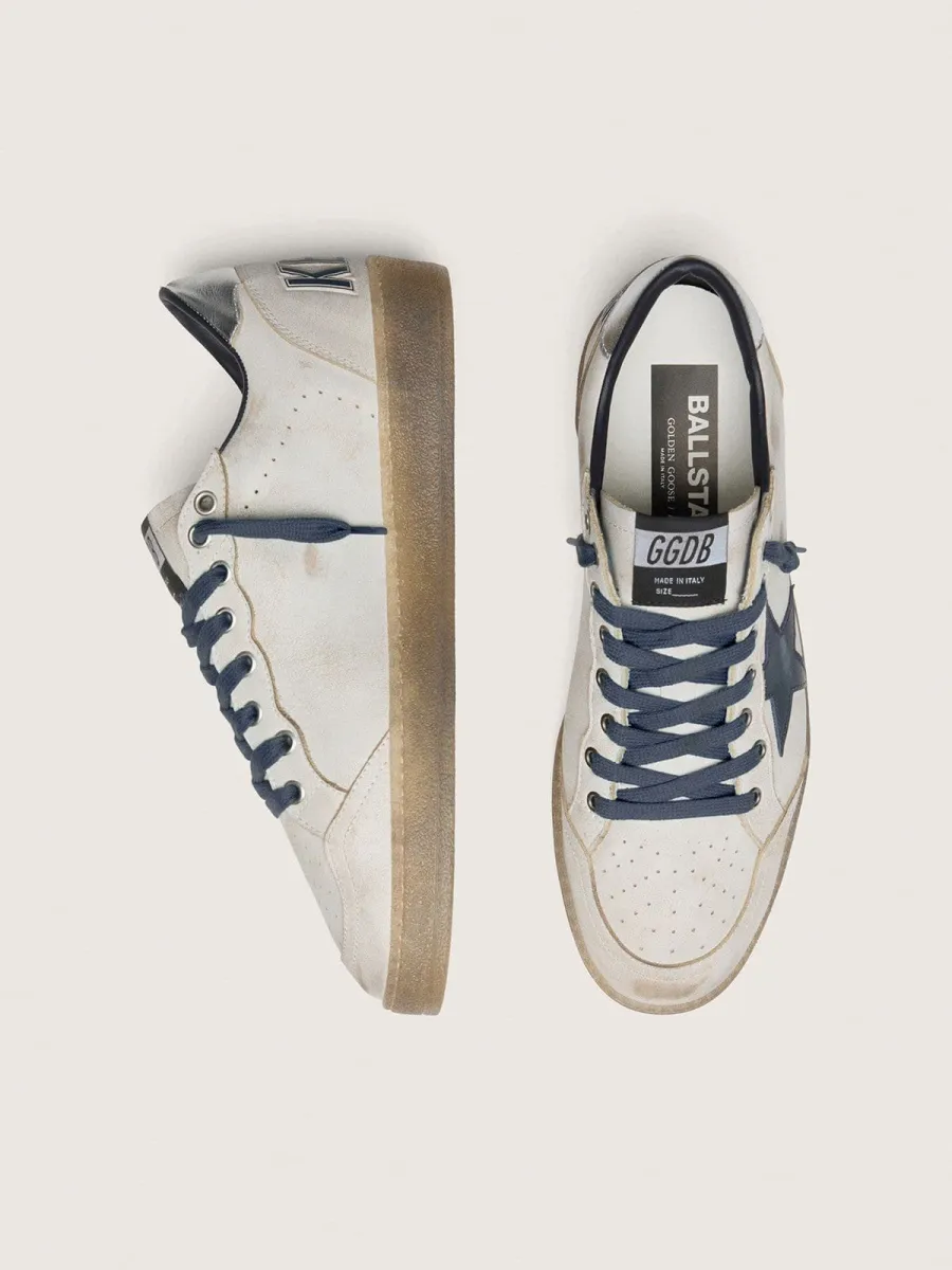 Ball Star uomo in pelle bianca con stella in pelle blu scuro e talloncino in pelle laminata argento