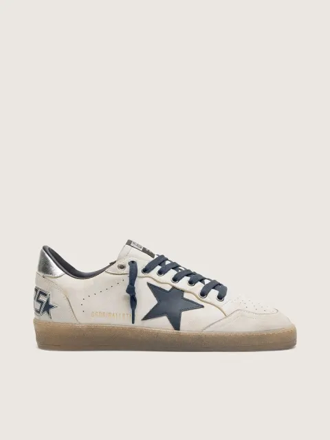 Ball Star uomo in pelle bianca con stella in pelle blu scuro e talloncino in pelle laminata argento