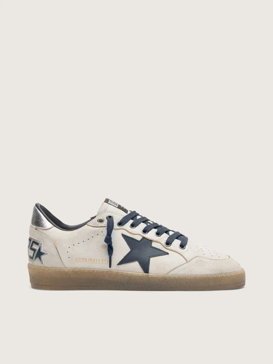 Ball Star uomo in pelle bianca con stella in pelle blu scuro e talloncino in pelle laminata argento
