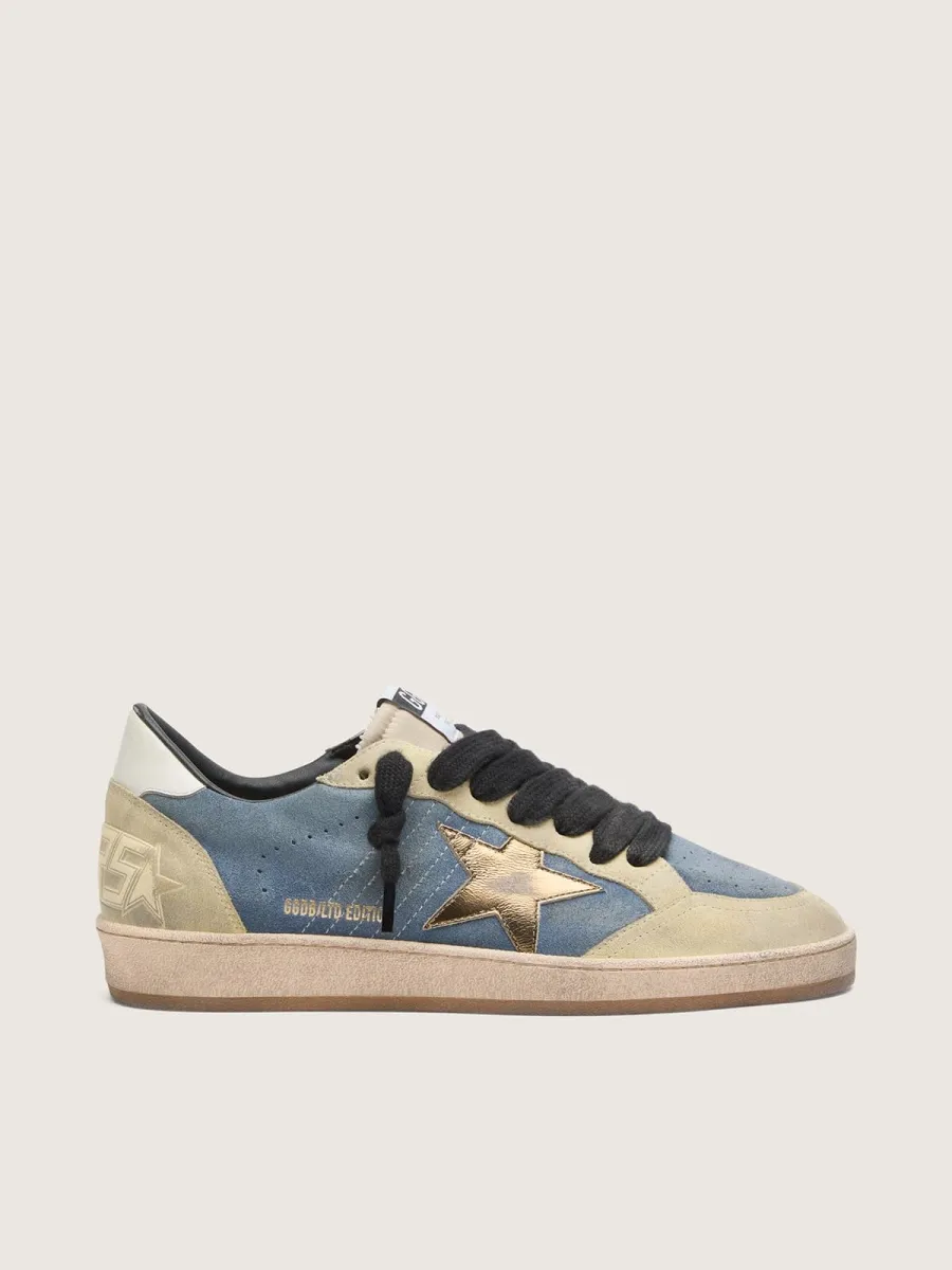 Ball Star LTD uomo in suede blu jeans e beige con stella in pelle laminata oro
