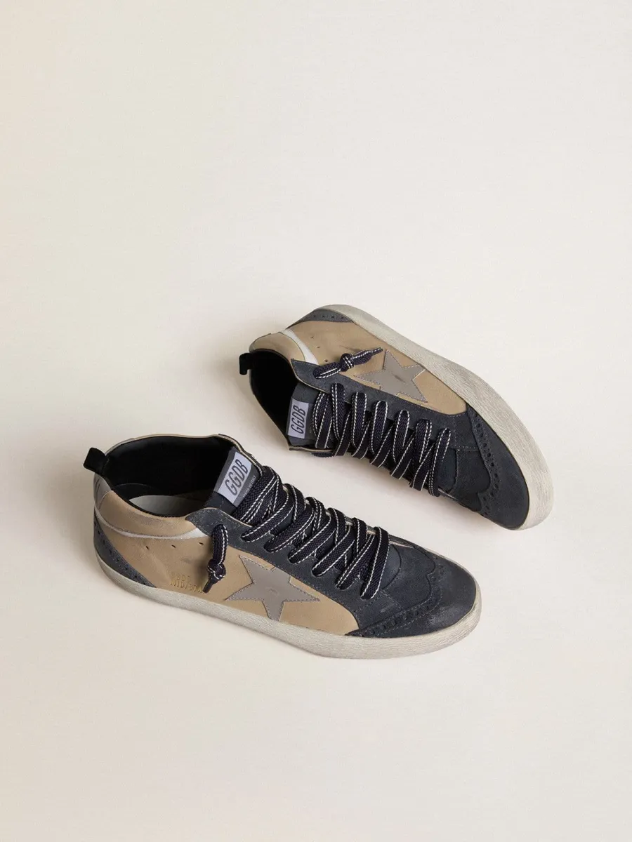 Mid Star Uomo in suede beige e blu con stella in nappa grigia e virgola in pelle bianca