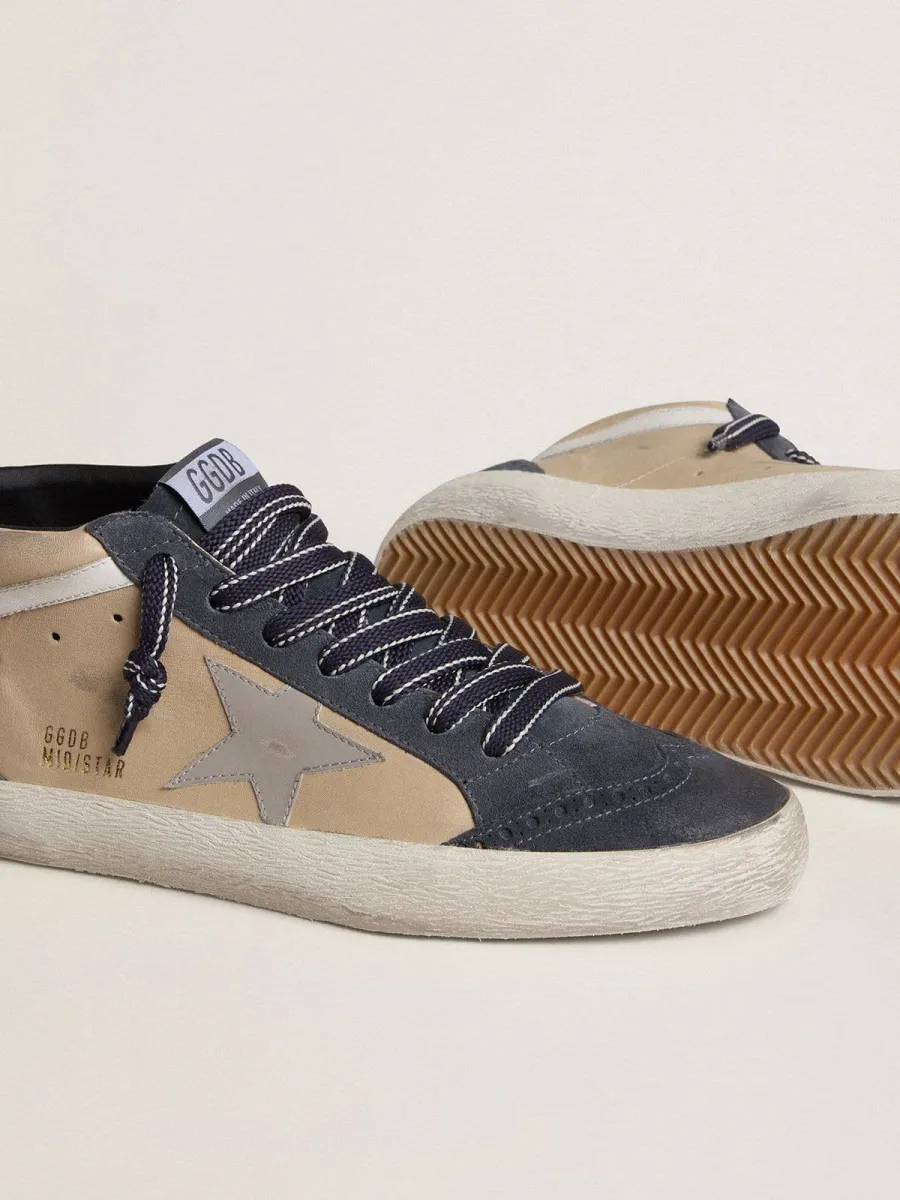 Mid Star Uomo in suede beige e blu con stella in nappa grigia e virgola in pelle bianca