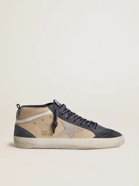 Mid Star Uomo in suede beige e blu con stella in nappa grigia e virgola in pelle bianca