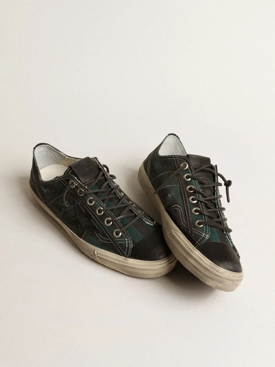 V-Star Uomo in canvas a righe nere e verdi con stella e punta in pelle nera