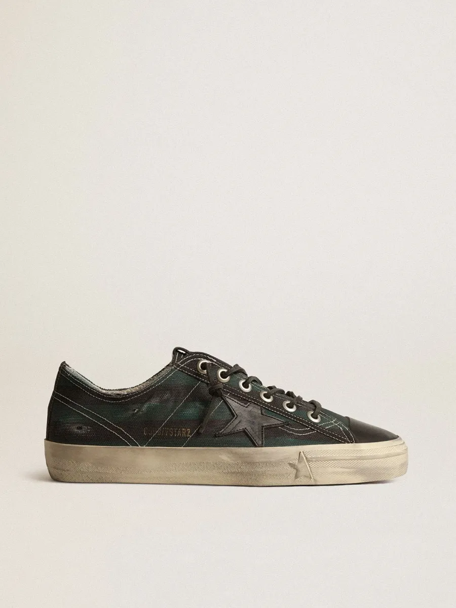 V-Star Uomo in canvas a righe nere e verdi con stella e punta in pelle nera