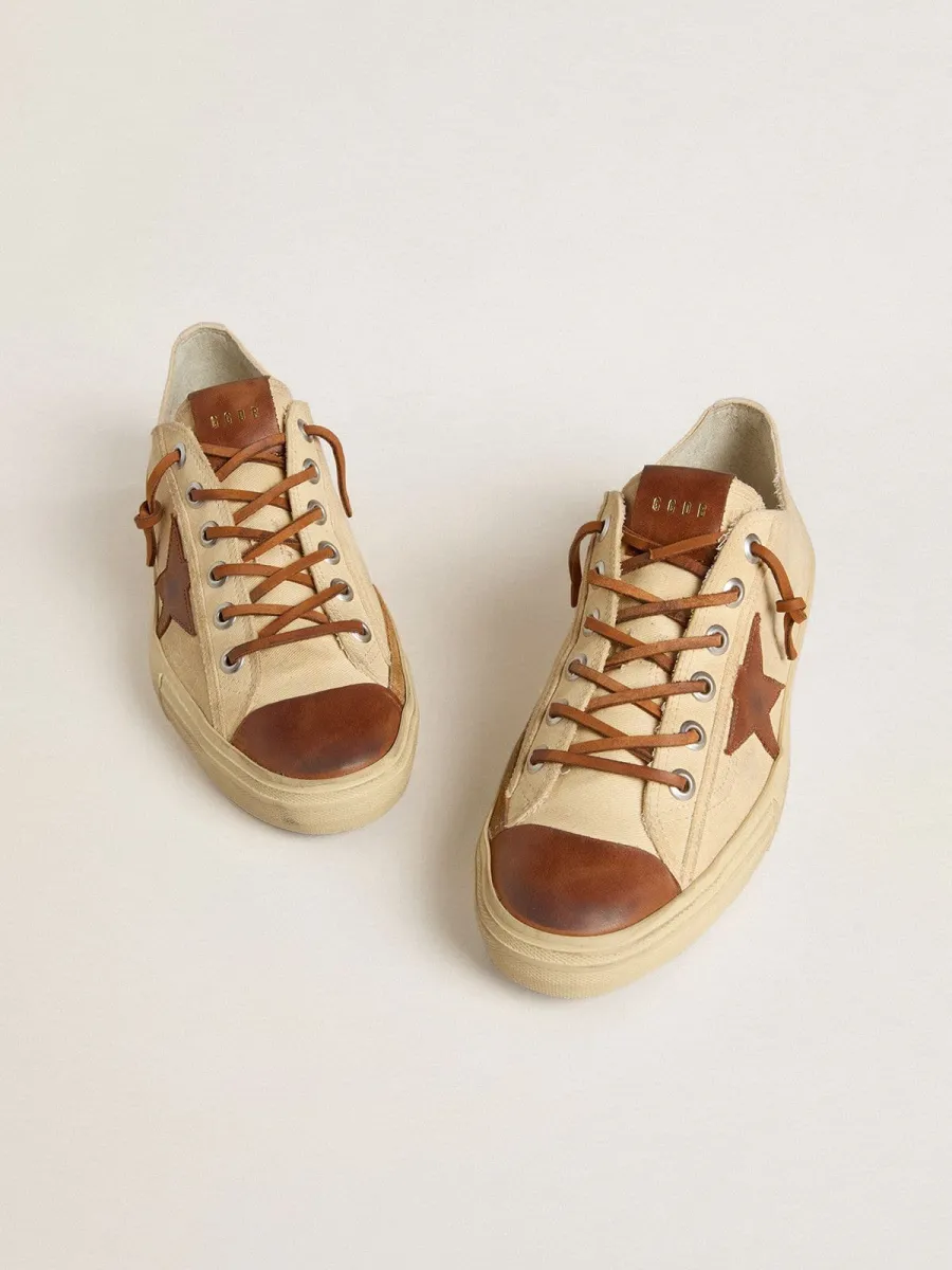 V-Star Uomo in canvas color crema con stella in pelle color tabacco