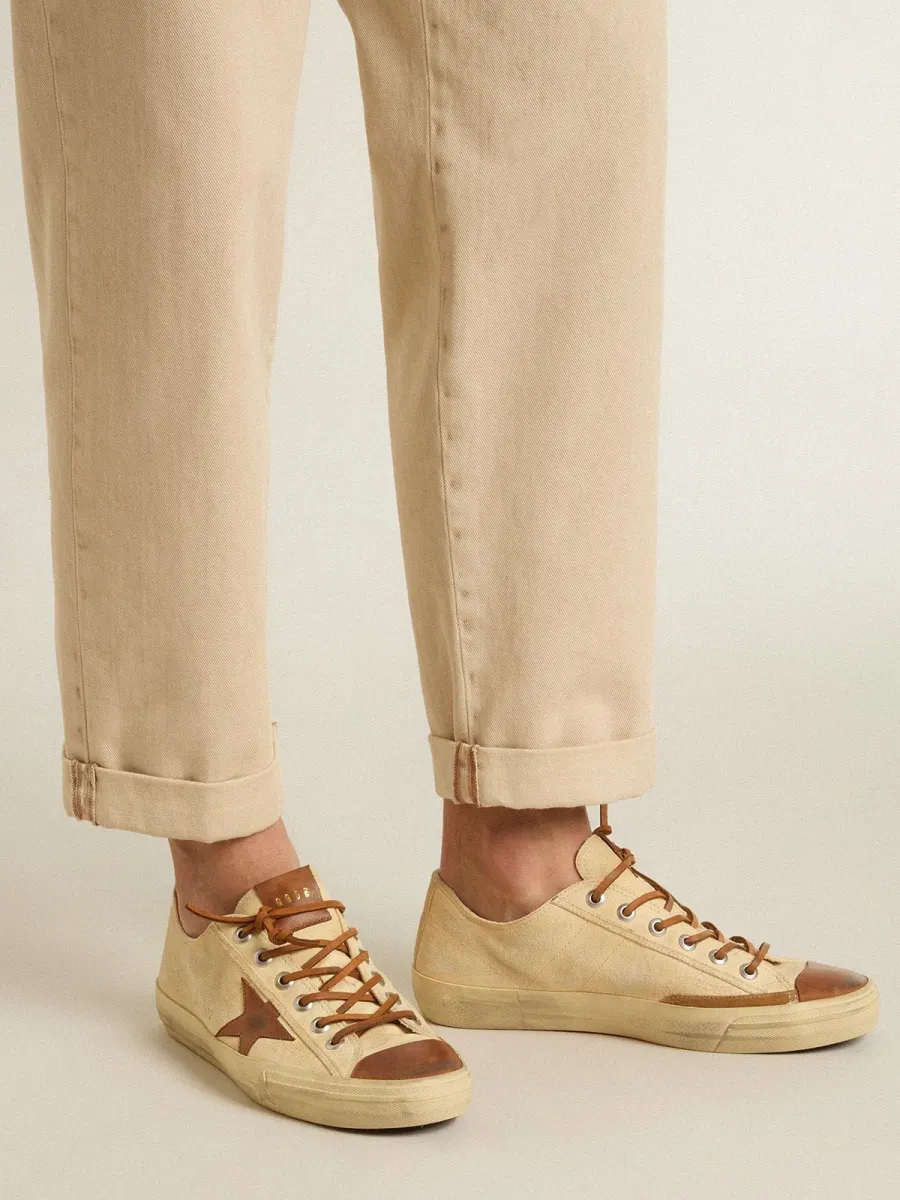 V-Star Uomo in canvas color crema con stella in pelle color tabacco
