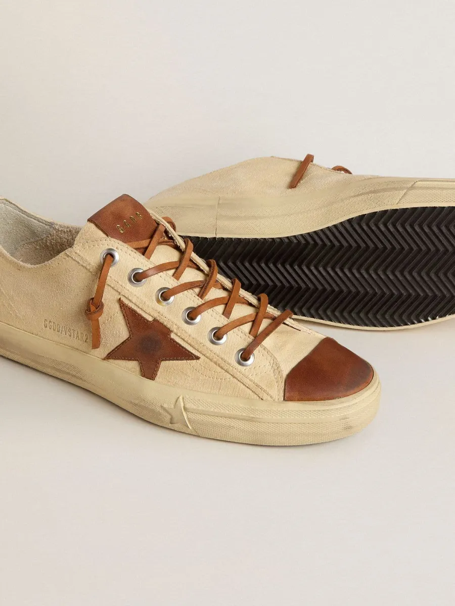 V-Star Uomo in canvas color crema con stella in pelle color tabacco