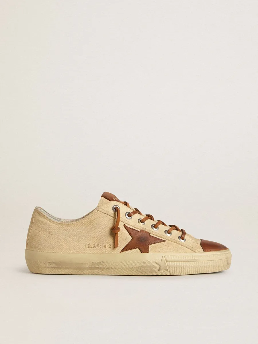 V-Star Uomo in canvas color crema con stella in pelle color tabacco