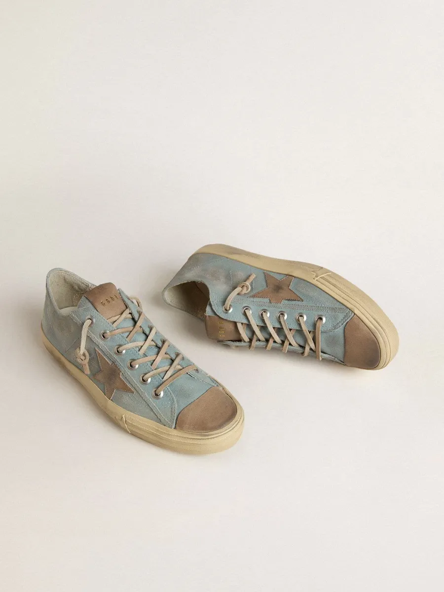 V-Star Uomo in canvas azzurro con stella in pelle color tortora