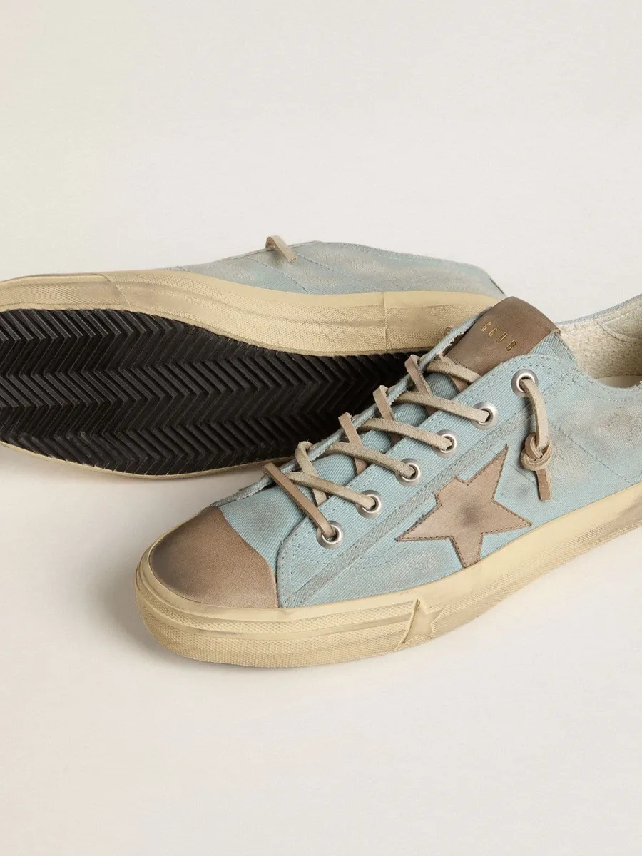 V-Star Uomo in canvas azzurro con stella in pelle color tortora