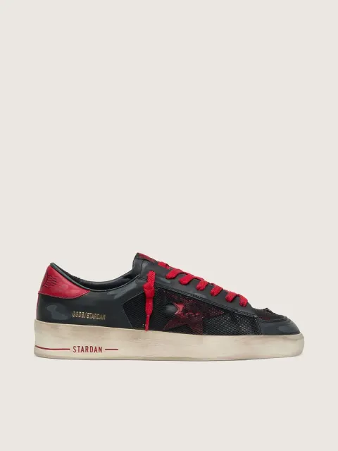 Stardan uomo in pelle nera con stella in pelle rossa inserti in rete nera e pelle rossa