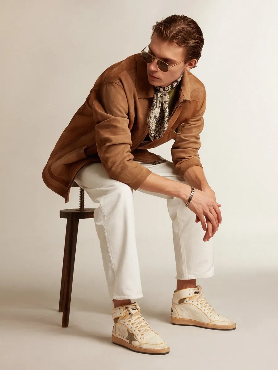 Sky-Star Uomo in nappa bianca con stella in suede color tortora