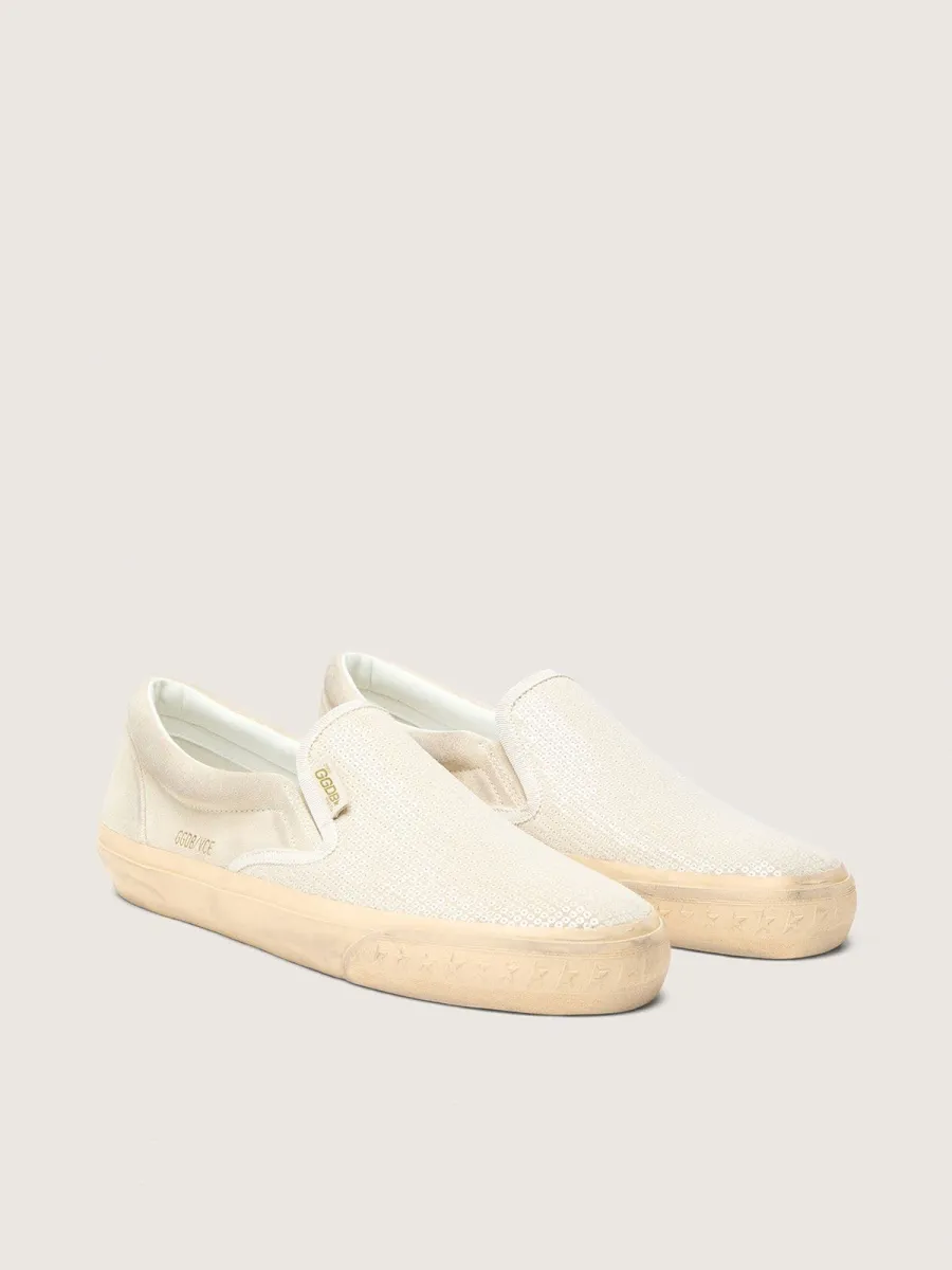 VCE Penstar Uomo in suede beige e pailletes color perla