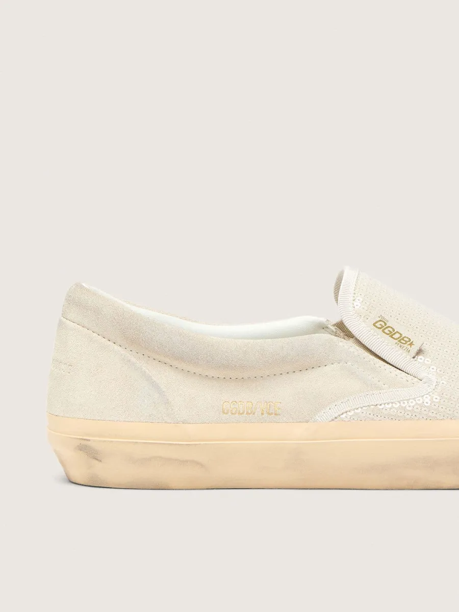 VCE Penstar Uomo in suede beige e pailletes color perla
