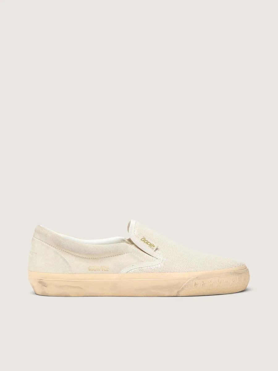 VCE Penstar Uomo in suede beige e pailletes color perla
