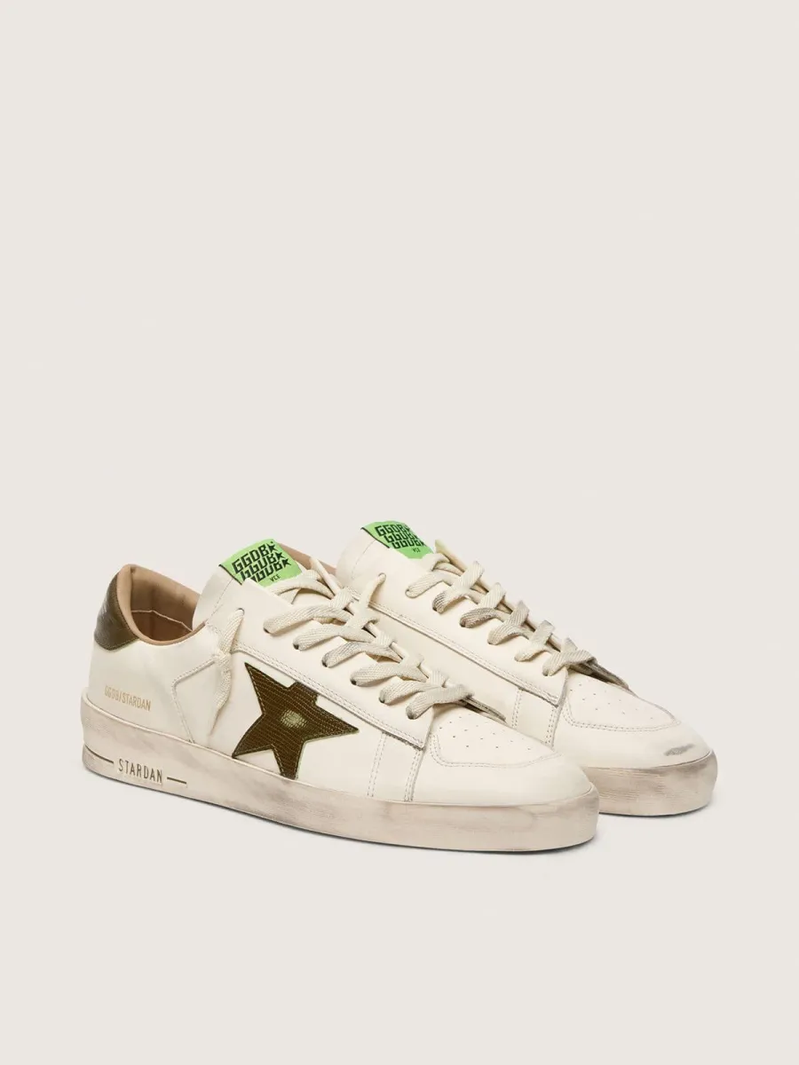Stardan Uomo in pelle bianca con stella e talloncino in pelle verde militare con stampa pitonata