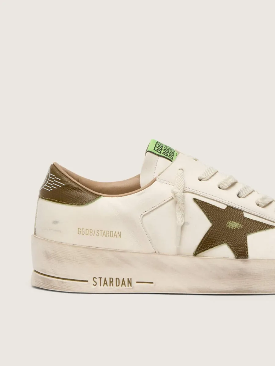 Stardan Uomo in pelle bianca con stella e talloncino in pelle verde militare con stampa pitonata