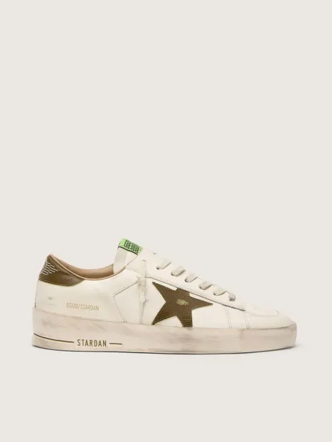 Stardan Uomo in pelle bianca con stella e talloncino in pelle verde militare con stampa pitonata