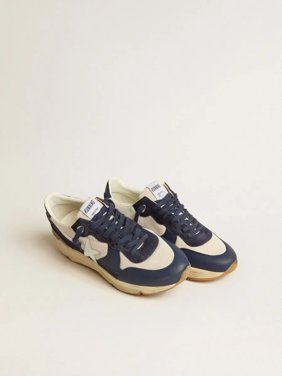 Running Sole in rete crema e pelle blu con stella in pelle bianca