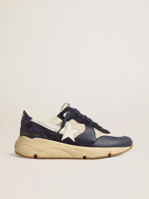 Running Sole in rete crema e pelle blu con stella in pelle bianca