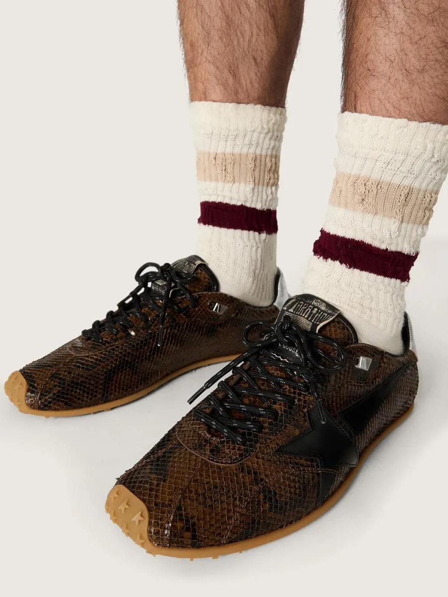 Marathon Speed Uomo in pelle con stampa pitonata marrone con stella nera e talloncino in pelle argento