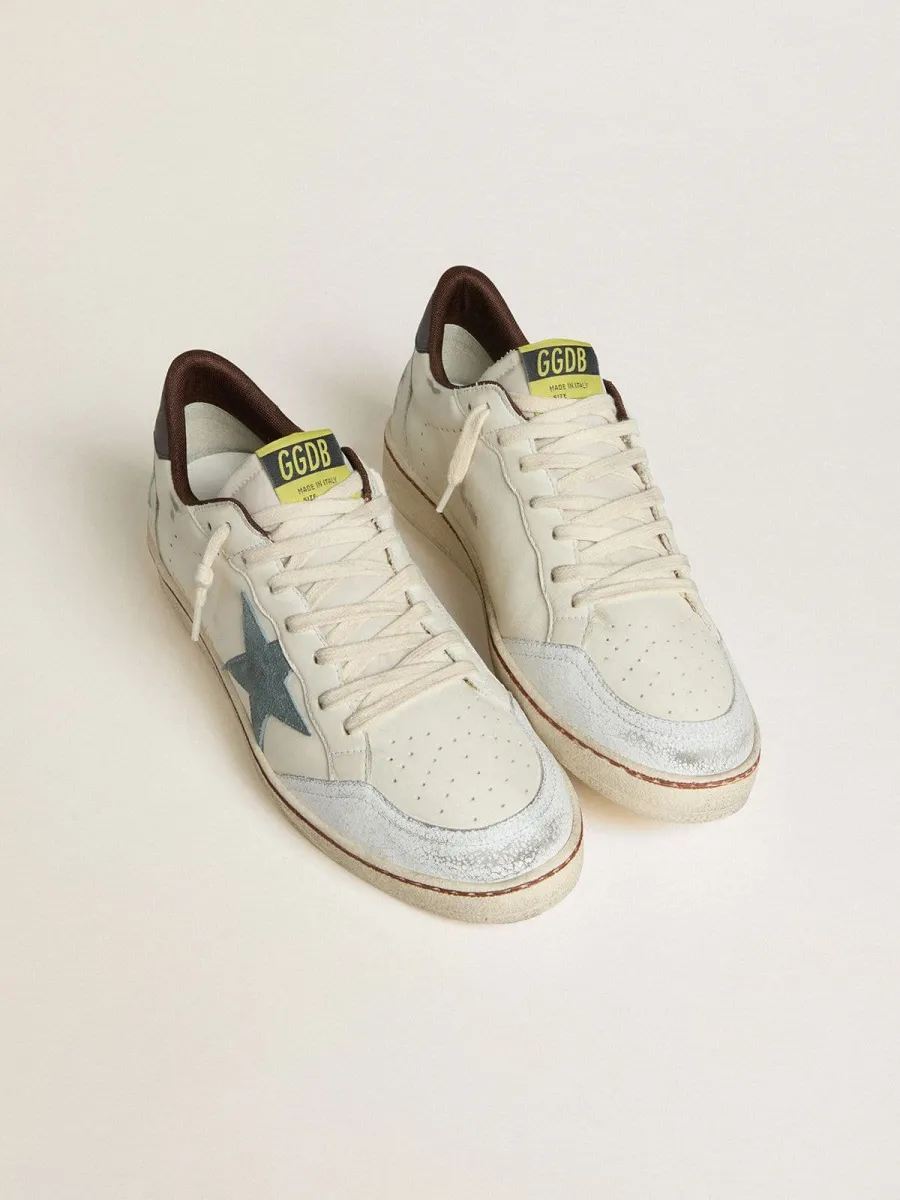Ball Star Uomo in pelle bianca con stella in suede azzurro e talloncino in nabuk marrone