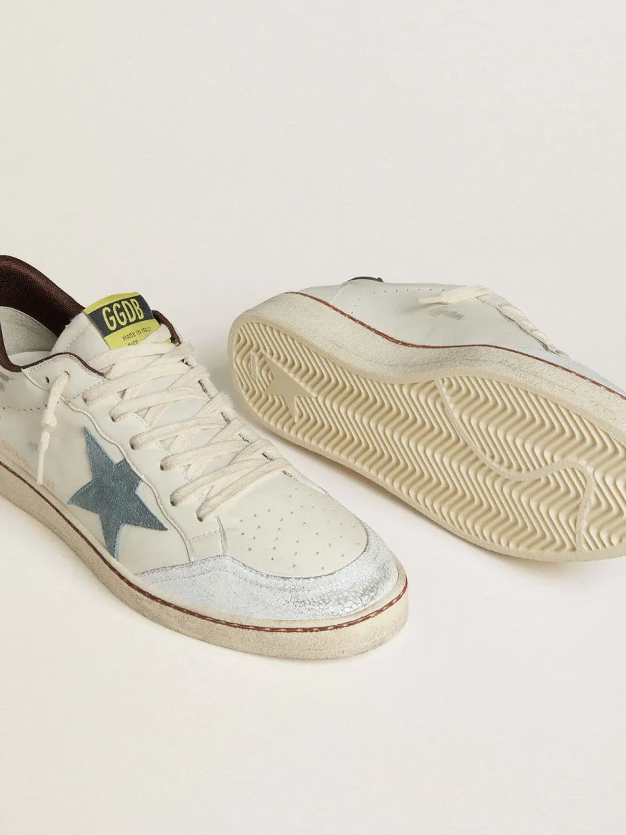Ball Star Uomo in pelle bianca con stella in suede azzurro e talloncino in nabuk marrone