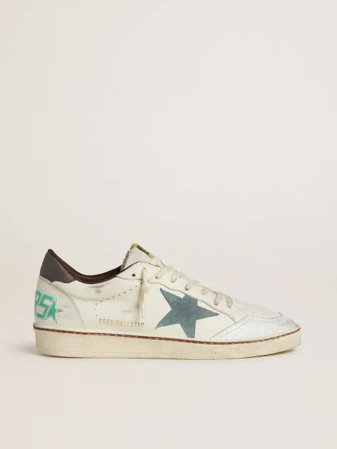 Ball Star Uomo in pelle bianca con stella in suede azzurro e talloncino in nabuk marrone