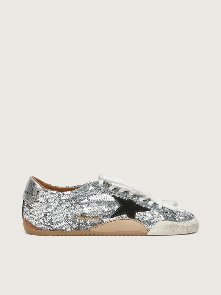 True-Star Uomo in paillettes argento con stella color nero e talloncino in pelle argento