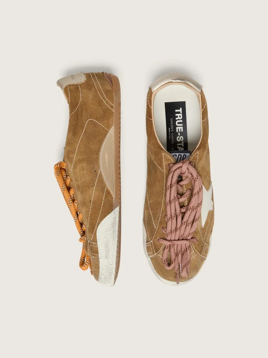True-Star Uomo in suede color tabacco con stella bianca e talloncino platino
